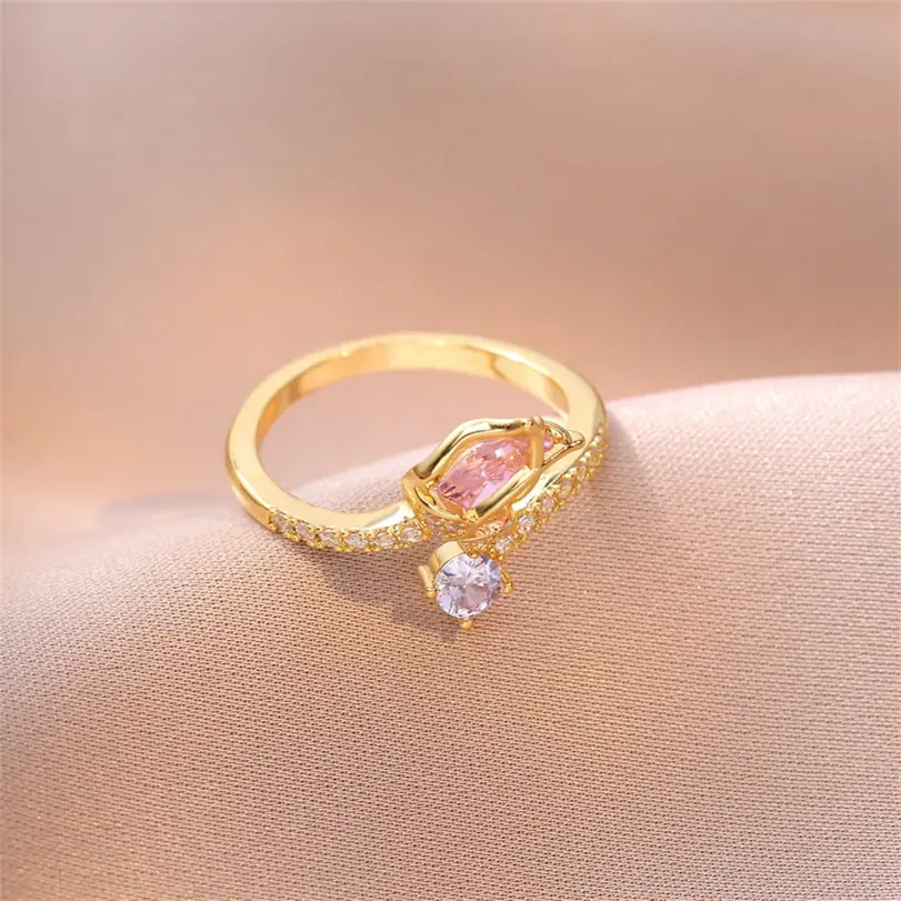 Anillos de flor de tulipán de circón rosa a la moda de lujo para mujer, anillo de dedo con apertura Floral brillante con temperamento, joyería de boda elegante 3