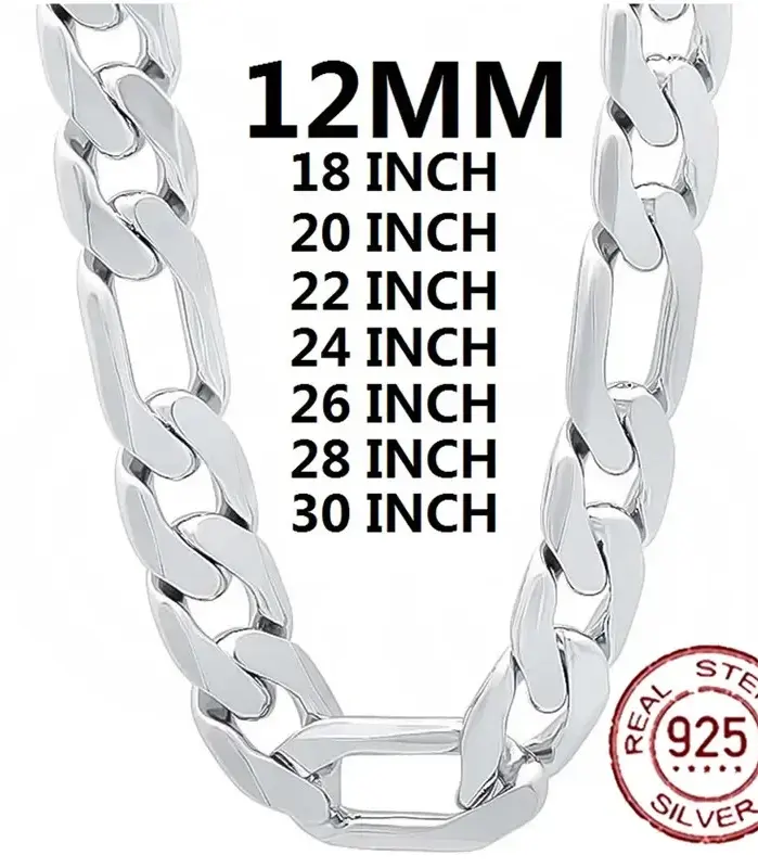 Collar de plata sólida 925 para hombre, cadena cubana clásica de 12mm, abalorio de 18-30 pulgadas, joyería de moda de alta calidad para boda 1