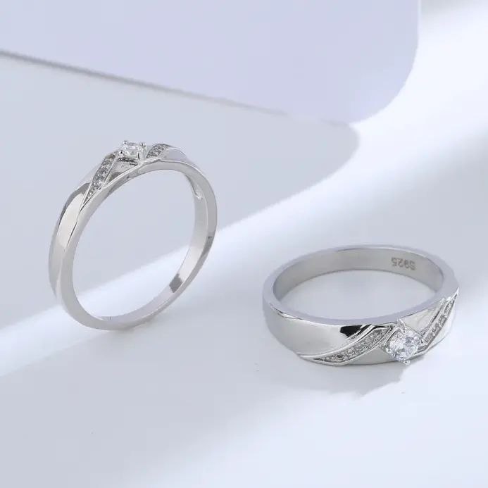 Buyee-Conjunto de anillos de Plata de Ley 925 para parejas, anillo Simple de circón blanco para mujer y hombre, joyería fina de boda a la moda, círculo 2
