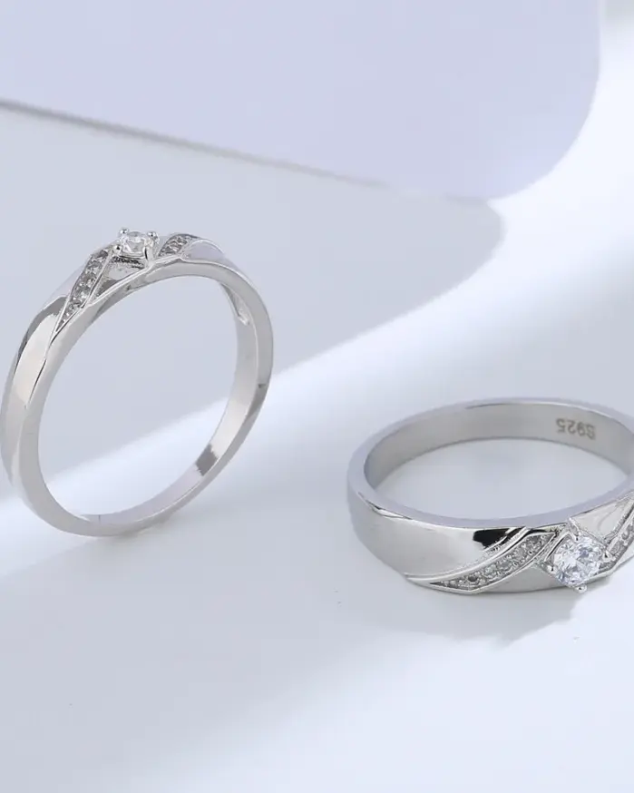Buyee-Conjunto de anillos de Plata de Ley 925 para parejas, anillo Simple de circón blanco para mujer y hombre, joyería fina de boda a la moda, círculo 2