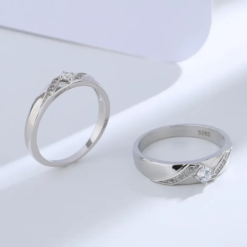 Buyee-Conjunto de anillos de Plata de Ley 925 para parejas, anillo Simple de circón blanco para mujer y hombre, joyería fina de boda a la moda, círculo 2