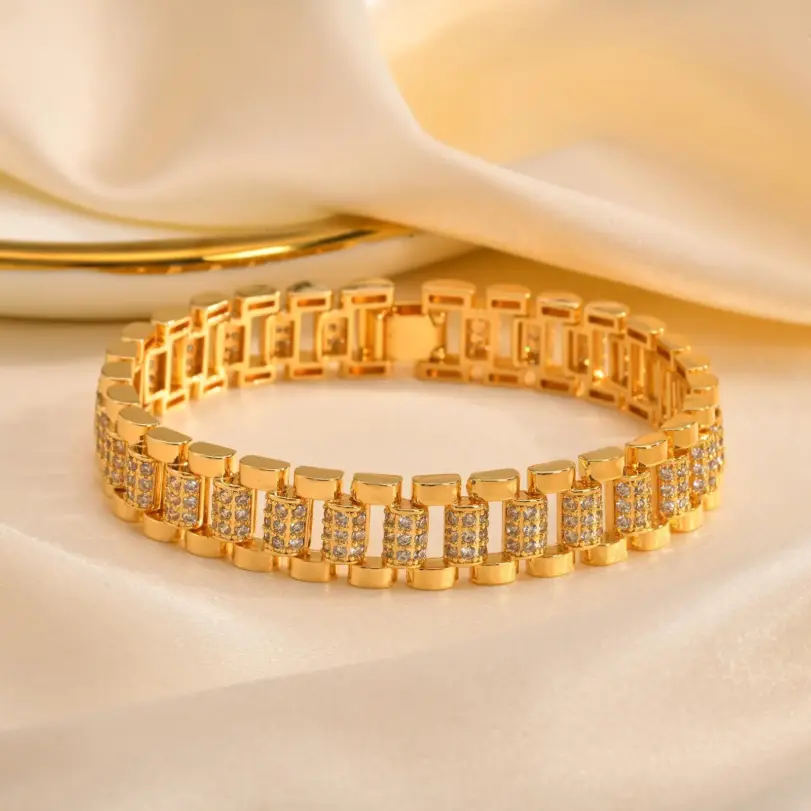 Pulseras de cadena de bloque Vnox para mujer con incrustaciones de circonita cúbica, joyería chapada en oro, regalos para novia 5