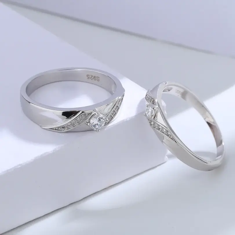 Buyee-Conjunto de anillos de Plata de Ley 925 para parejas, anillo Simple de circón blanco para mujer y hombre, joyería fina de boda a la moda, círculo 4