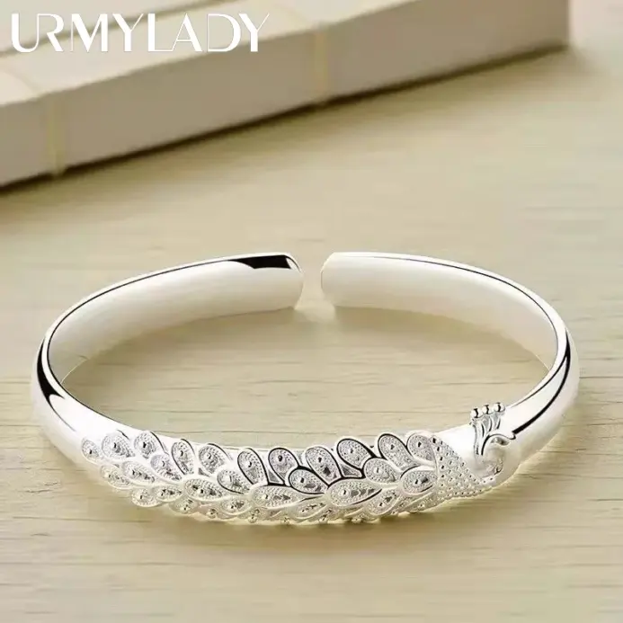 Nueva pulsera elegante de Plata de Ley 925 con apertura de pavo real, brazaletes para mujer, accesorios de moda para fiesta y boda, regalo de joyería 1