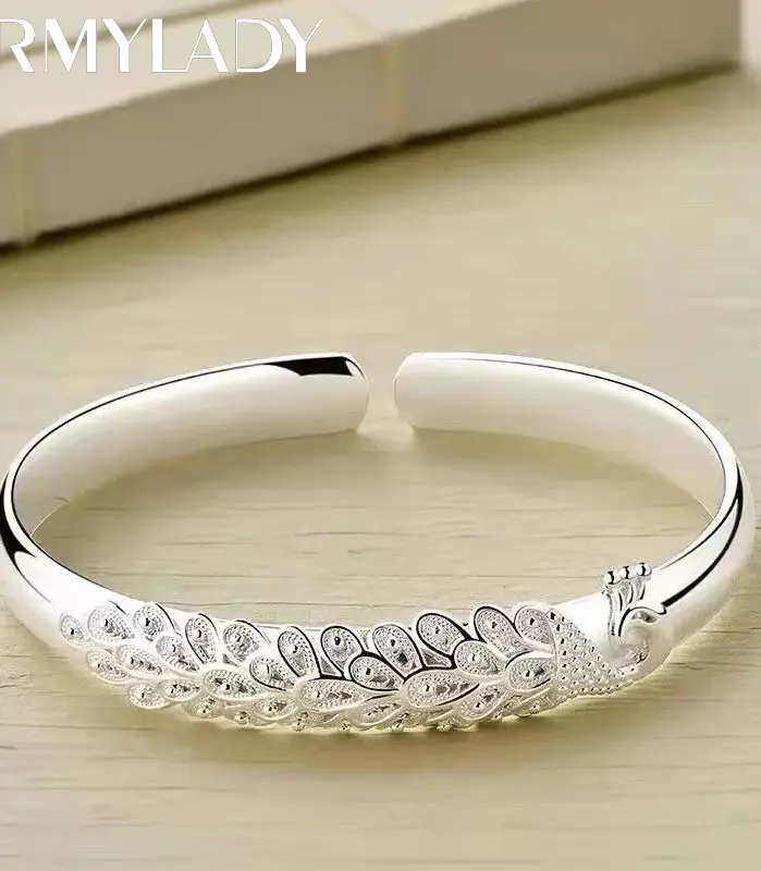 Nueva pulsera elegante de Plata de Ley 925 con apertura de pavo real, brazaletes para mujer, accesorios de moda para fiesta y boda, regalo de joyería 1