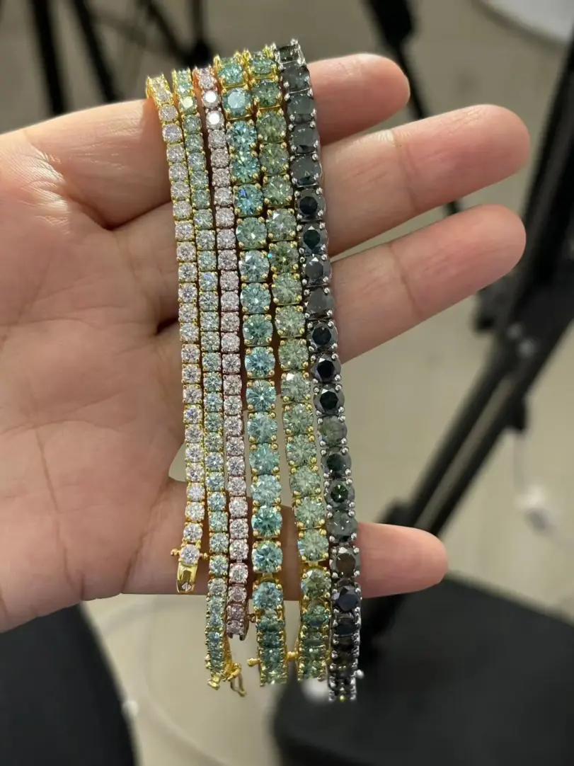 Cadena de tenis de moissanita azul y rosa de lujo de 3MM para mujer, pulsera de plata de ley 925 para hombre, cadena de moissanita de Hip hop con GRA 3