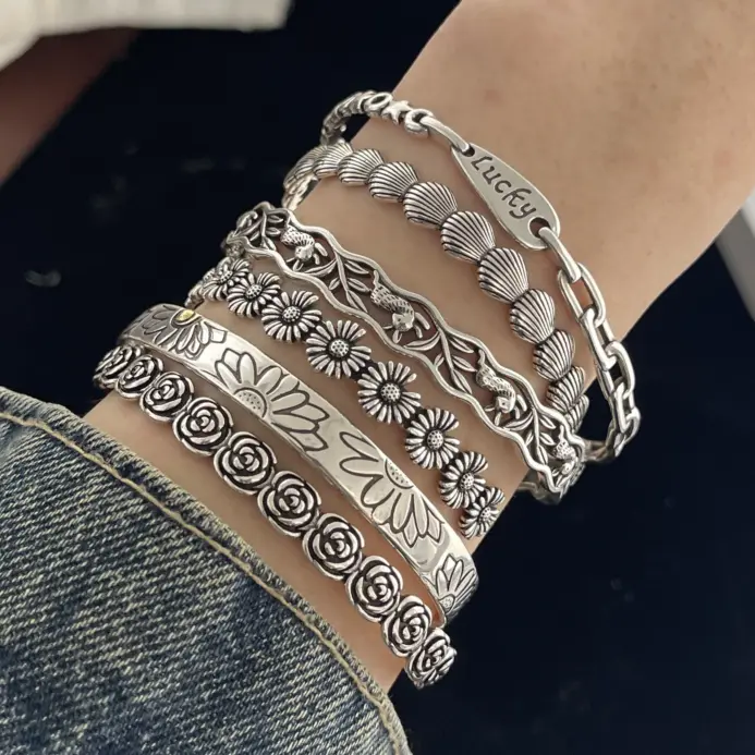 🌿 Pulsera "Antique Bloom S925" – Plata Sólida Grabada a Mano 1