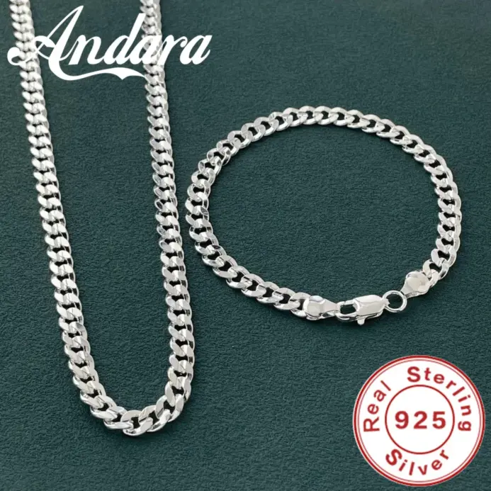 Abalorio de plata de ley 925 de alta calidad, pulseras de cadena de 7MM, collares, conjunto de joyería para hombre y mujer, regalos de boda para fiesta a la moda 2