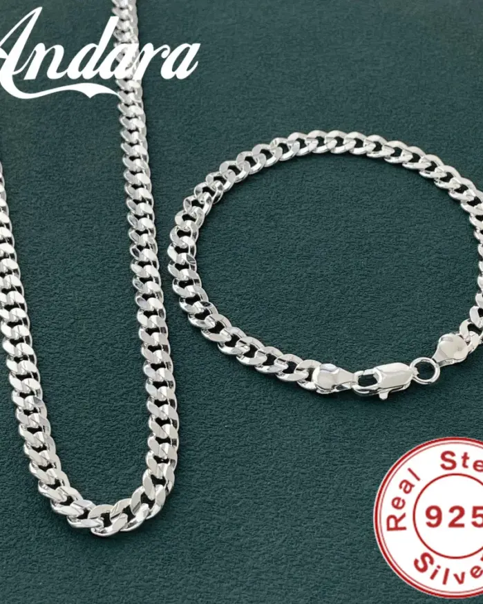 Abalorio de plata de ley 925 de alta calidad, pulseras de cadena de 7MM, collares, conjunto de joyería para hombre y mujer, regalos de boda para fiesta a la moda 2