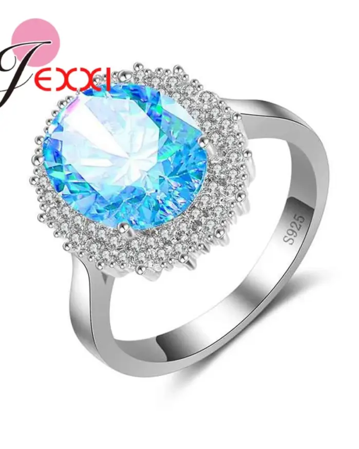 Anillos de plata auténtica S925 para mujer, anillo de circón azul, piedra azul claro, regalo romántico, joyería de compromiso, tamaño 6-10 1