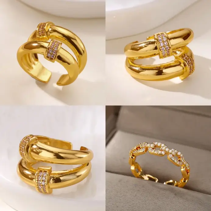 Anillos redondos dobles de circón para mujer, anillos de dedo ajustables geométricos de acero inoxidable de Color dorado, regalos de joyería para parejas de boda 1
