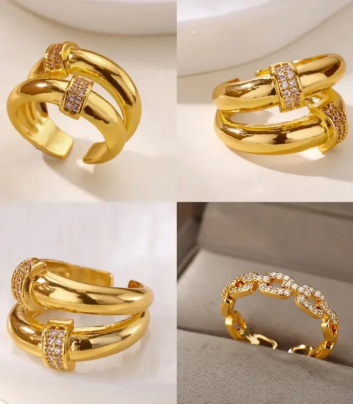 Anillos redondos dobles de circón para mujer, anillos de dedo ajustables geométricos de acero inoxidable de Color dorado, regalos de joyería para parejas de boda 1