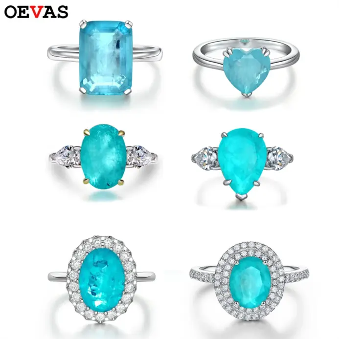 OEVAS, anillos de piedras preciosas de turmalina Paraiba de 10x14mm, Plata de Ley 925, anillo de diamante brillante de alto carbono para mujer, joyería de boda 1