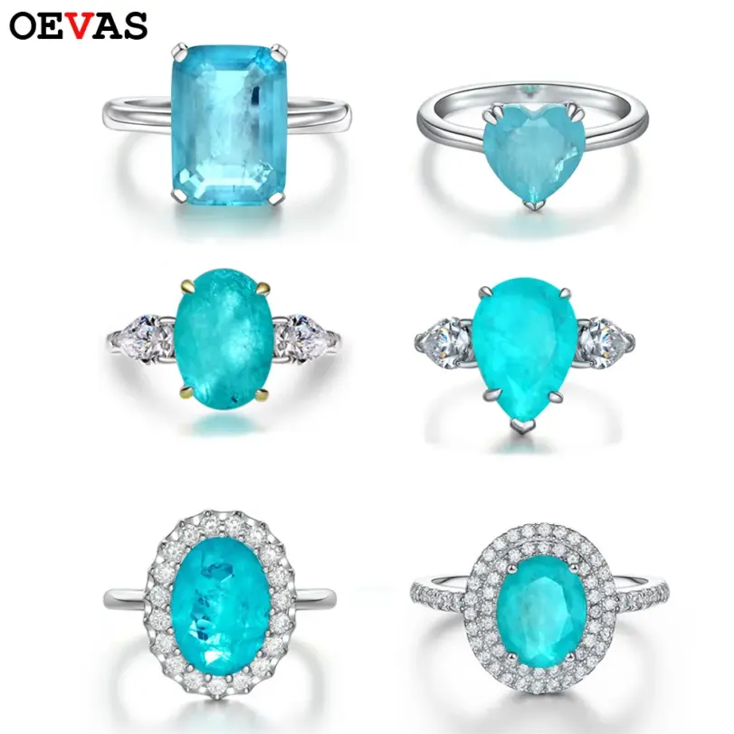 OEVAS, anillos de piedras preciosas de turmalina Paraiba de 10x14mm, Plata de Ley 925, anillo de diamante brillante de alto carbono para mujer, joyería de boda 1