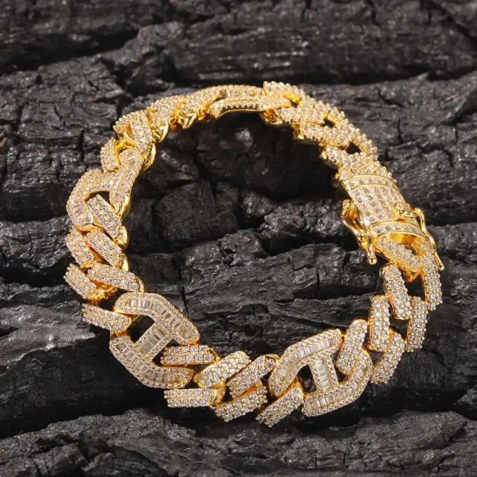 Lujo 24K 9999 oro puro oro real 3 a 1 pulsera hipster hip hop pulsera cubana con tachuelas de hip hop 1