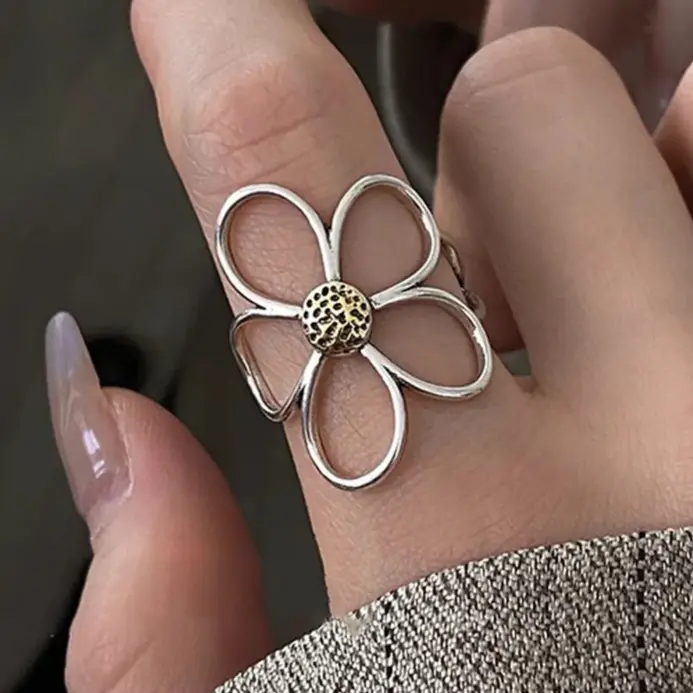 Anillos de plata de ley 925 para mujer, pareja minimalista hecha a mano, anillo Simple de flor grande, joyería de fiesta, regalo para prevenir alergias 1