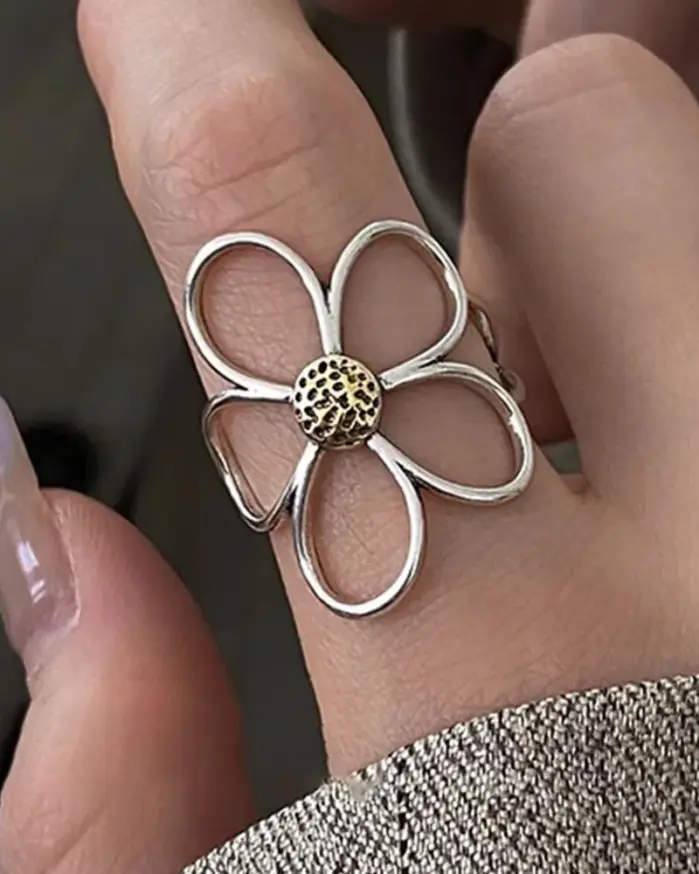 Anillos de plata de ley 925 para mujer, pareja minimalista hecha a mano, anillo Simple de flor grande, joyería de fiesta, regalo para prevenir alergias 1