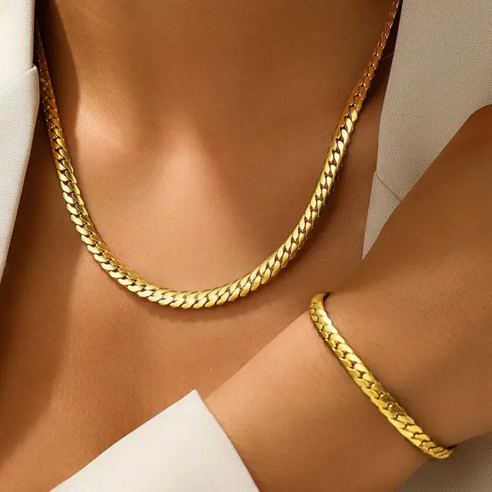 Aomogo Conjunto de joyería de collar de pulsera de cadena cubana plana simple de acero inoxidable chapado en oro de 18 quilates joyería de moda de cadena gruesa 1