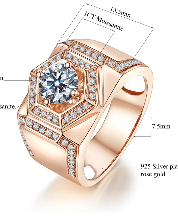 Anillo de Plata de Ley 925 Original, anillos redondos de diamante moissanita para hombre, Color oro rosa, joyería fina gruesa de lujo para novios de boda 2