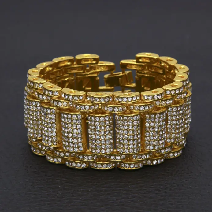 Pulsera de lujo de oro puro 24K 9999 de oro real de Hip-Hop para hombre, pulsera tridimensional de 35mm de ancho con diamantes exagerados 2