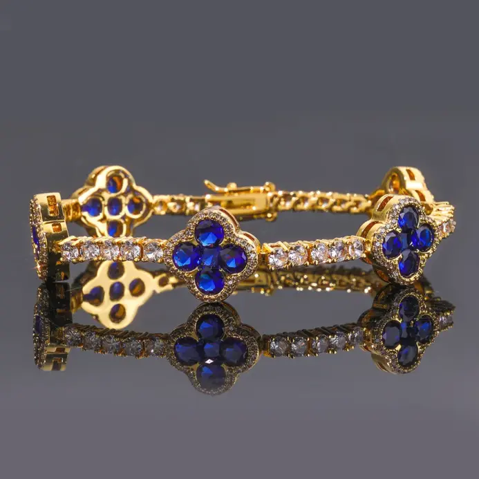 Pulsera de lujo de oro puro 24K 9999 para mujer, estilo hip-hop, con moissanita verde y diseño de flor de ciruelo, pulsera tipo tenis. 1