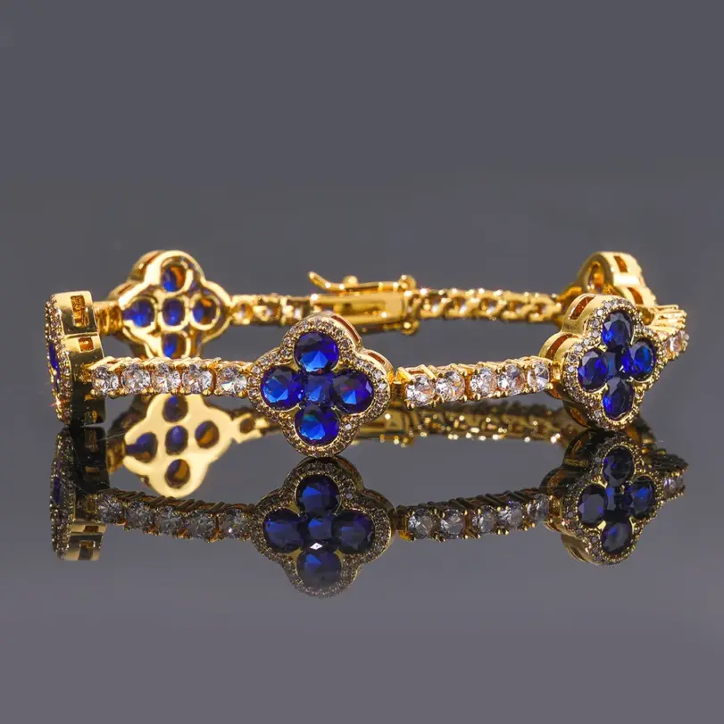 Pulsera de lujo de oro puro 24K 9999 para mujer, estilo hip-hop, con moissanita verde y diseño de flor de ciruelo, pulsera tipo tenis. 1