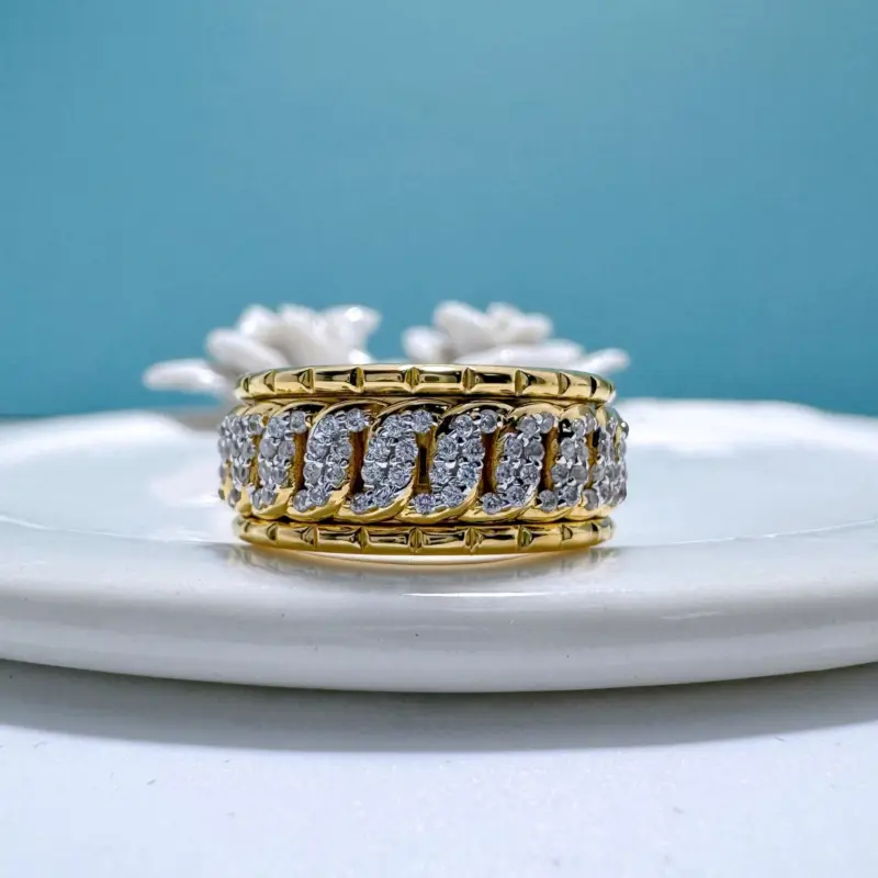 100% de lujo de oro auténtico de 18k para mujer, marca de moda hip-hop, anillo de diamante giratorio, diseño de cadena cubana, anillo de moissanita 3