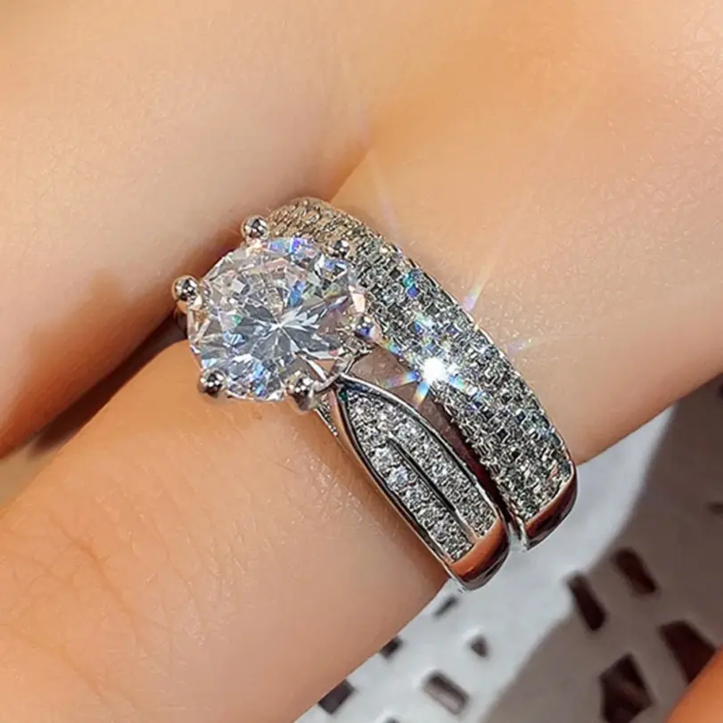 Accesorios elegantes, conjunto de anillos de boda de circón, conjunto plateado de 2 piezas, anillo de diamante Natural, anillos de compromiso brillantes para pareja y niña 5