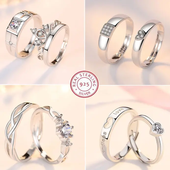 Conjuntos de anillos de Plata de Ley 925 para parejas, anillo Simple de pulido ligero para mujer y hombre, joyería fina clásica para boda, 2 uds. 1