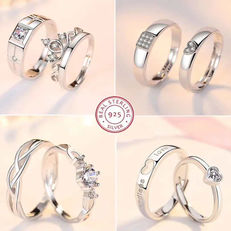 Conjuntos de anillos de Plata de Ley 925 para parejas, anillo Simple de pulido ligero para mujer y hombre, joyería fina clásica para boda, 2 uds. 1 Conjuntos de anillos de Plata de Ley 925 para parejas, anillo Simple de pulido ligero para mujer y hombre, joyería fina clásica para boda, 2 uds. 1