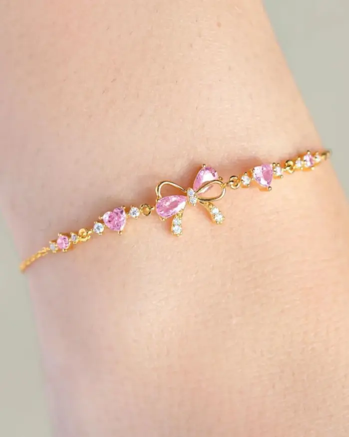 🎀 Pulsera "Pink Bow Dream" – Lazo de Cristal Rosa y Oro 18K 2