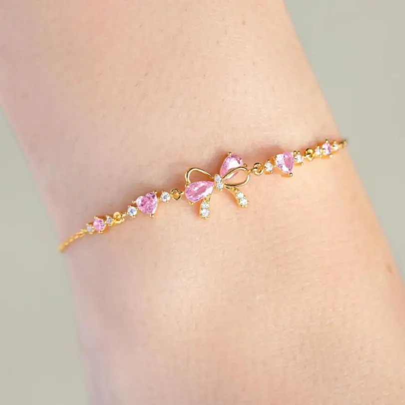 🎀 Pulsera "Pink Bow Dream" – Lazo de Cristal Rosa y Oro 18K 2