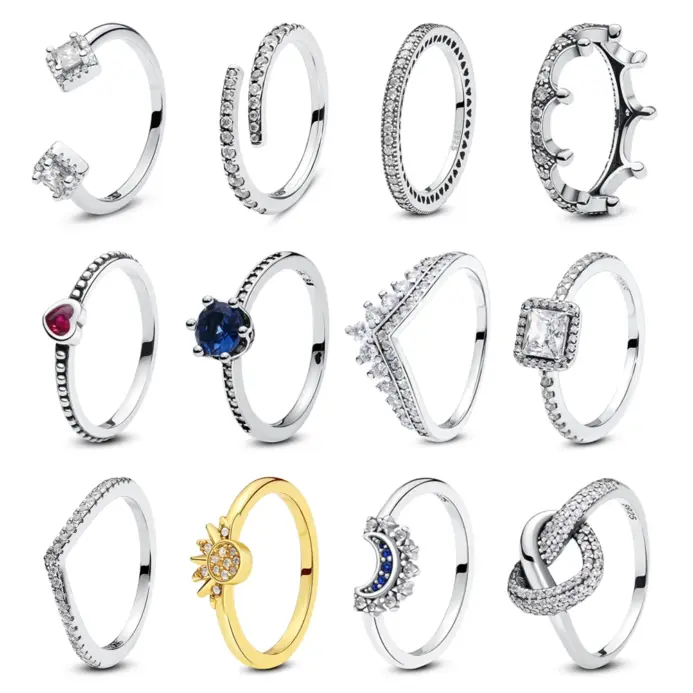 Anillos de plata de ley 925 para mujer, corona Original, corazón de amor, espoleta, compromiso, boda, anillo de cristal de oro rosa, joyería de lujo 1