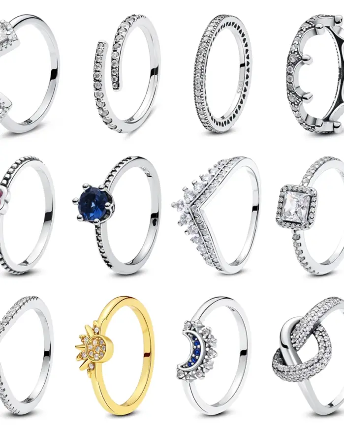Anillos de plata de ley 925 para mujer, corona Original, corazón de amor, espoleta, compromiso, boda, anillo de cristal de oro rosa, joyería de lujo 1