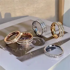 Anillo de acero inoxidable con circonita cuadrada de doble hilera de oro rosa de lujo, joyería romántica para fiesta y boda, regalo para mujer 1