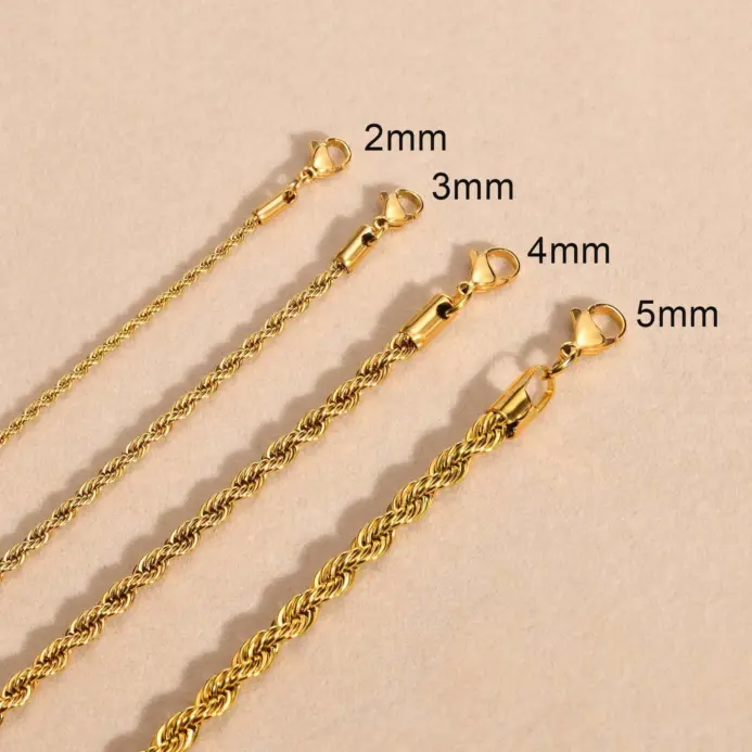 collares delicados de cadena de cuerda de Color dorado para mujeres y hombres, Collar trenzado elegante, eslabón de acero inoxidable resistente al agua de 2/3/4/5mm de ancho 1