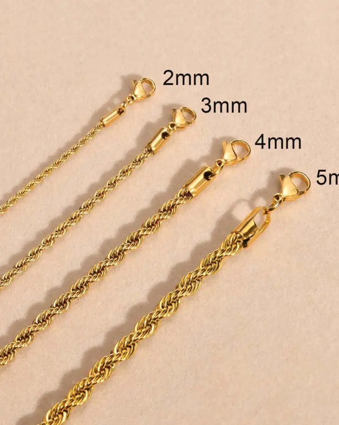 collares delicados de cadena de cuerda de Color dorado para mujeres y hombres, Collar trenzado elegante, eslabón de acero inoxidable resistente al agua de 2/3/4/5mm de ancho 1