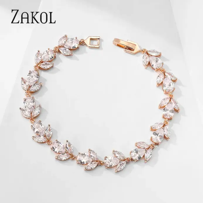 pulseras nupciales de circonia cúbica a la moda para mujer, brazaletes con dijes de hojas de Color oro blanco, joyería de boda de cristal transparente BP2178 1