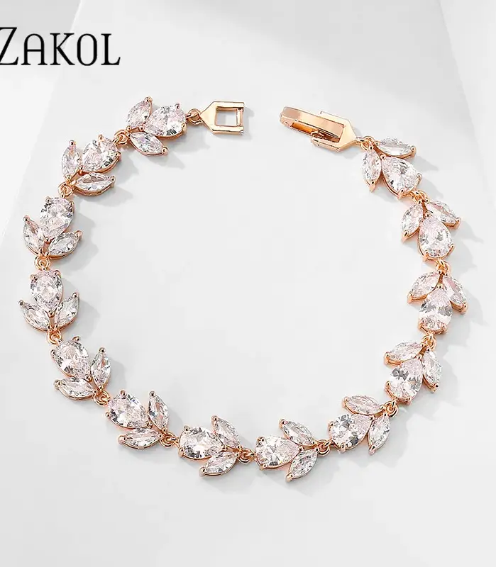 pulseras nupciales de circonia cúbica a la moda para mujer, brazaletes con dijes de hojas de Color oro blanco, joyería de boda de cristal transparente BP2178 1