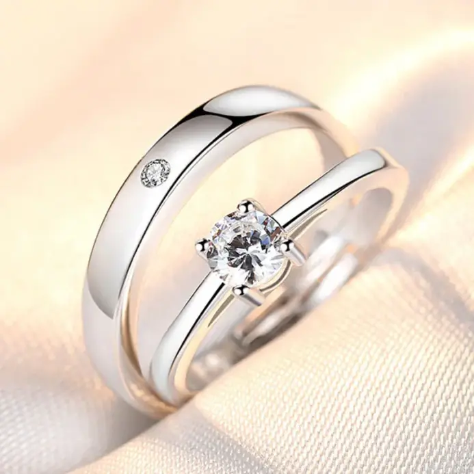 2 Anillos de Plata de Ley 925 con Circonita para Pareja, para Mujer y Hombre, Exquisitos, para Estudiantes, Novias, Accesorios de Joyería de Plata para Boda 1