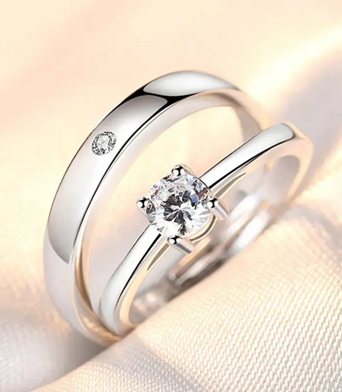 2 Anillos de Plata de Ley 925 con Circonita para Pareja, para Mujer y Hombre, Exquisitos, para Estudiantes, Novias, Accesorios de Joyería de Plata para Boda 1