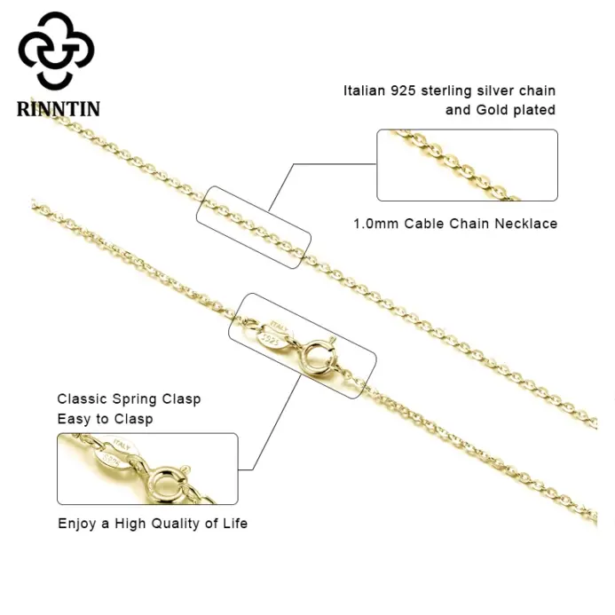 Rinntin-collar de cadenas de eslabones de Cable para mujer, de Plata de Ley 925 de oro de 18K, accesorios de cadena de cuello fino, joyería SC06 2