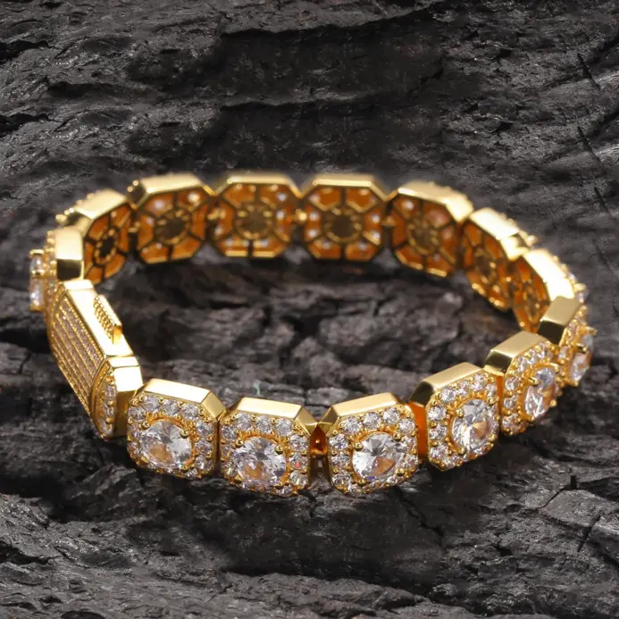 Pulsera de lujo de oro puro 24K 9999 de oro real para hombre, pulsera de Hip Hop europea y americana con geometría de diamante, pulsera de caramelo de 12,5mm 1