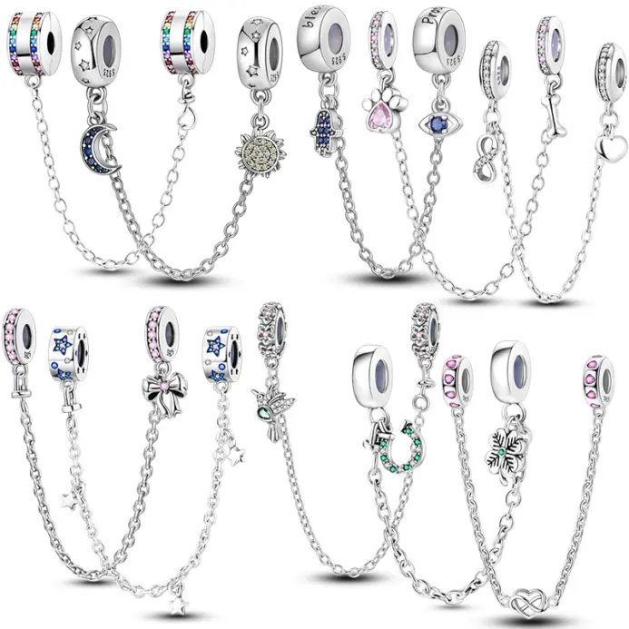 Cadena de seguridad de Plata de Ley 925 Original, estrella, Luna, sol, corazón, lazo, Clip de silicona, compatible con Pulsera Original, regalo de joyería DIY 1