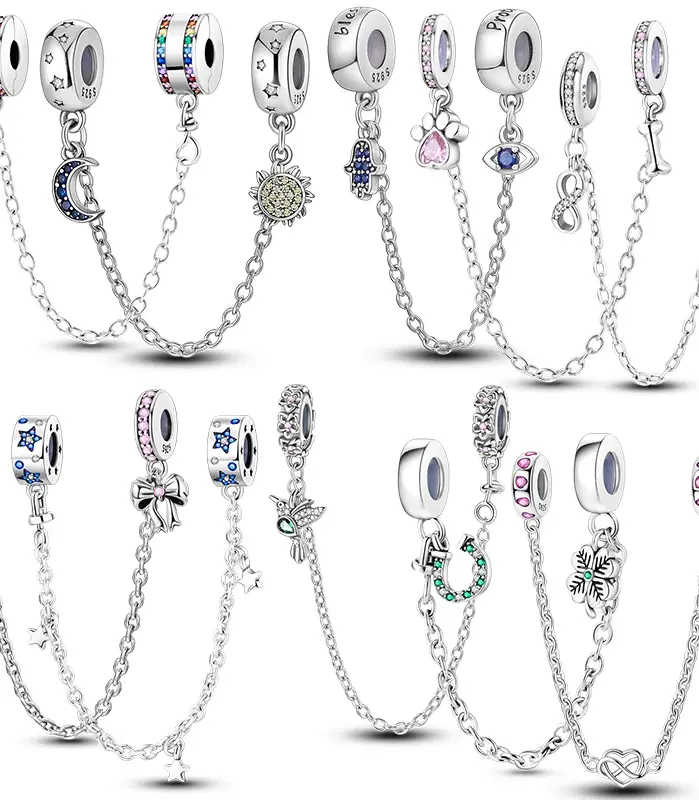 Cadena de seguridad de Plata de Ley 925 Original, estrella, Luna, sol, corazón, lazo, Clip de silicona, compatible con Pulsera Original, regalo de joyería DIY 1
