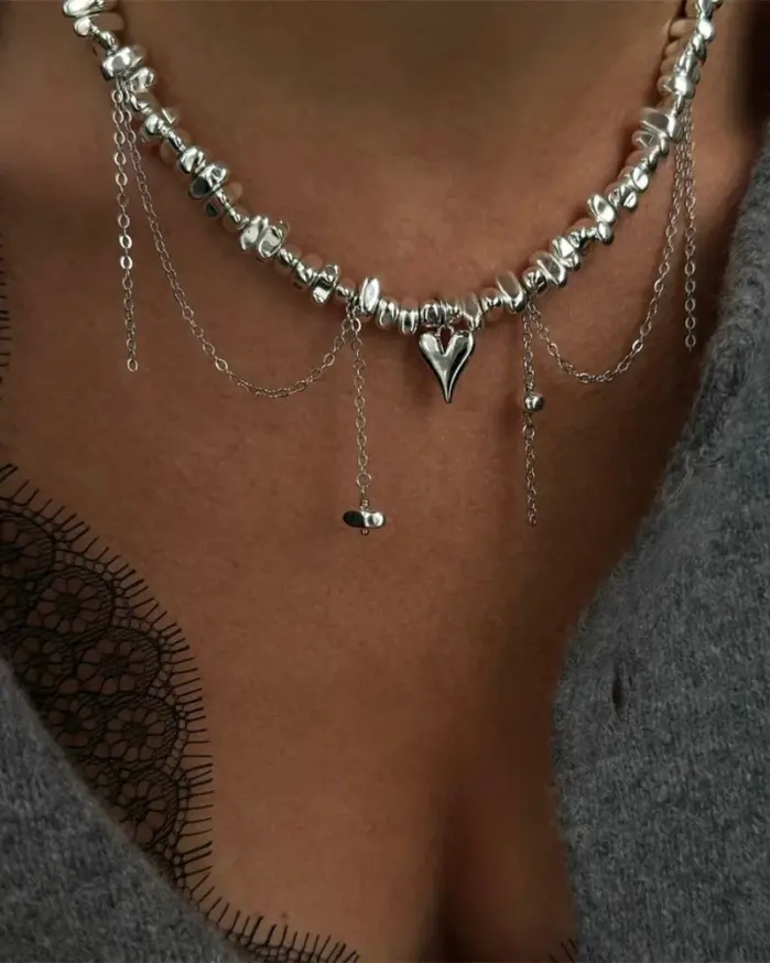 Collar de cadena de cuentas geométricas de Color plateado Vintage a la moda para mujer, joyería con colgante de corazón y borla bohemia 1