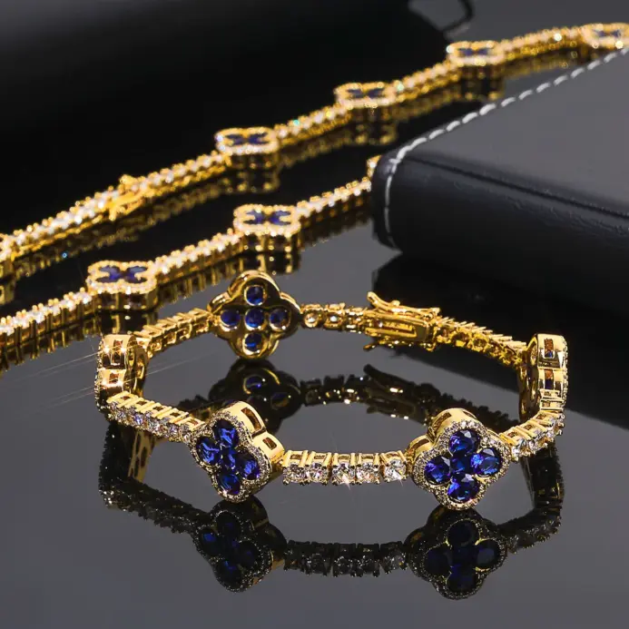 Pulsera de lujo de oro puro 24K 9999 para mujer, estilo hip-hop, con moissanita verde y diseño de flor de ciruelo, pulsera tipo tenis. 2