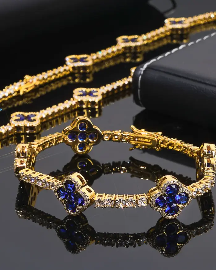 Pulsera de lujo de oro puro 24K 9999 para mujer, estilo hip-hop, con moissanita verde y diseño de flor de ciruelo, pulsera tipo tenis. 2