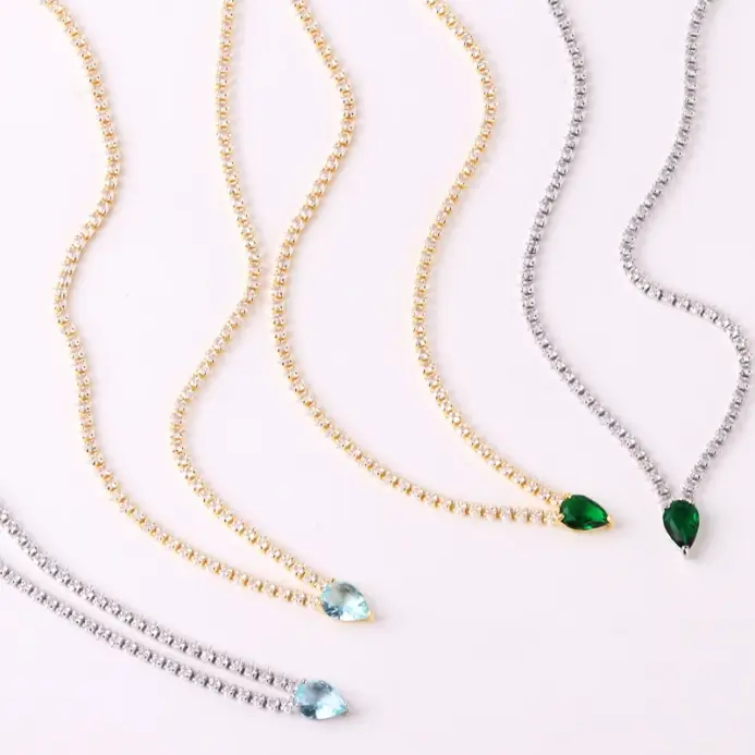 Collar azul claro de circonia cúbica con forma de gota de agua y cadena helada de alta calidad para mujer, joyería para fiesta y boda chapada en oro de 18 quilates 2