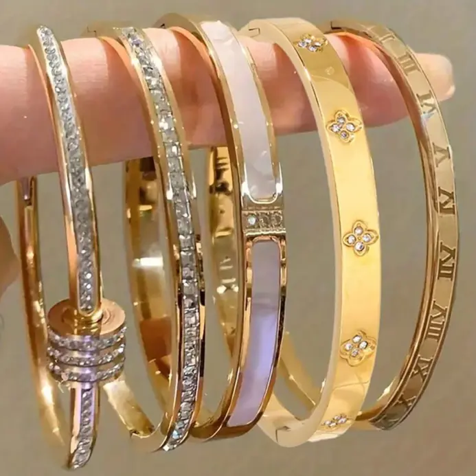 5/1 Uds. Conjunto de pulsera de acero inoxidable con incrustaciones de Zirconia brillante para mujer, brazaletes apilables, regalo de joyería que no se decolora 1